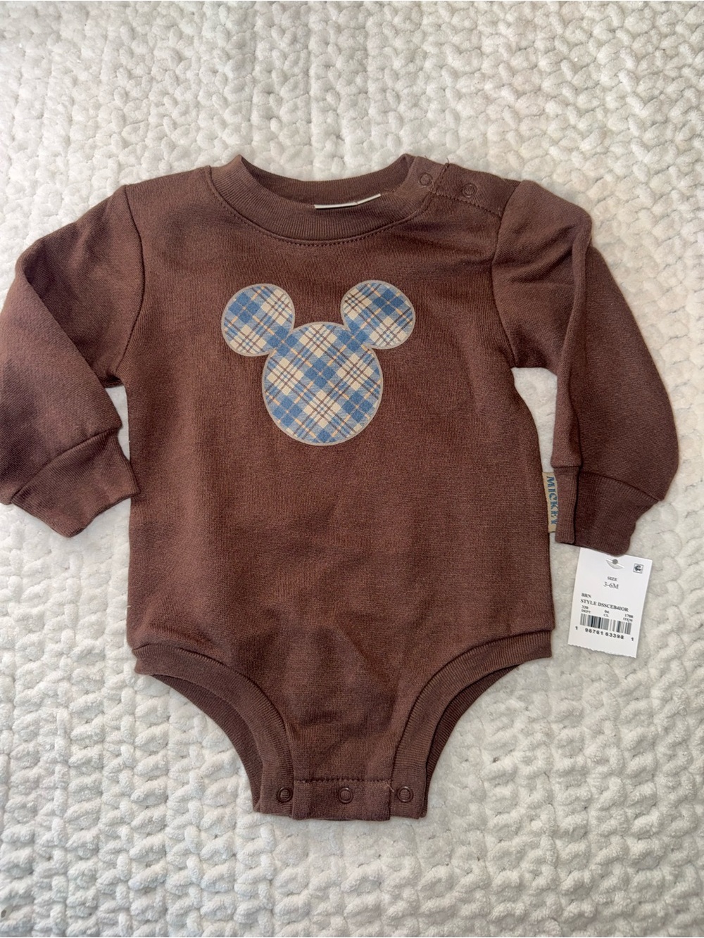 Brown Baby One-Piece Bodysuit with Plaid Mickey Applique